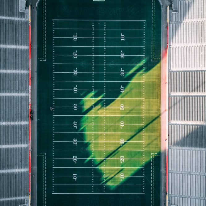 Football Stadium Seen from above, rectangle shape, green grass