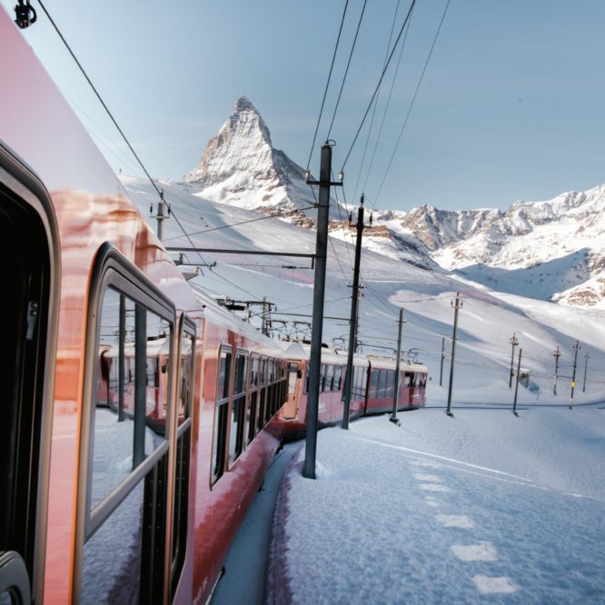 Train reaching Zermatt in Switzerland with Snow in Winter